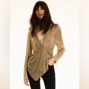 Zara Rose Gold Metallic Thread Pleated Blouse size M